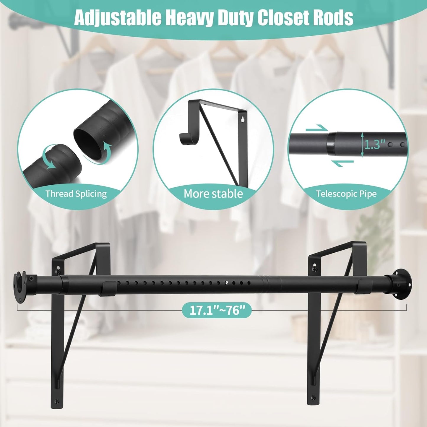 1.3 Inches Closet Rod, 17 to 87 Inch Clothes Rods Heavy Duty Closet Pole for Hanging Clothes and Clothes Poles Bracket Closet Rod Support (The Shelf NOT Included) (Black)