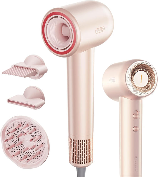 Blow Dryer with Comb, TYMO AIRHYPE Compact 200 Million lonic Hair Dryer with Diffuser, Fast Dry Pink Blow Dryer for Women 110,000RPM Portable Hairdryer for Curly Hair, 4 Temps & 2 Speeds