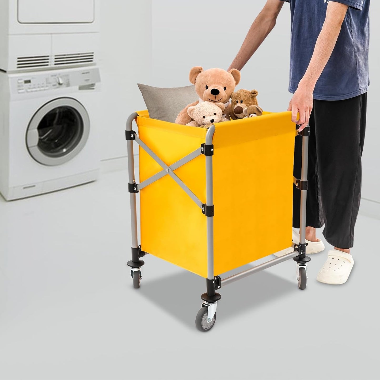 Commercial Laundry Cart with Wheels,Folding Laundry Hamper Cart,Heavy Duty Rolling Laundry Basket with Large Capacity,Laundry Sorter Trolley for Home Hotel Apartment (Yellow, 23.62 * 19.69 * 23.62in)