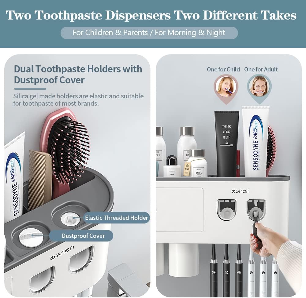 Toothbrush Holders Wall Mounted, Toothbrush Holder with Automatic Toothpaste Dispensers, 6 Brush Slots, 3 Magnetic Cups,1 Cosmetic Drawer Organizer and 1 Large Storage Tray
