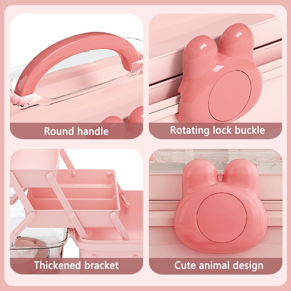 Cute Hair Accessories Organizer 3-Layers Kids Jewelry Storage Box Plastic Hair Accessories holder for Girls (Pink-Rabbit)