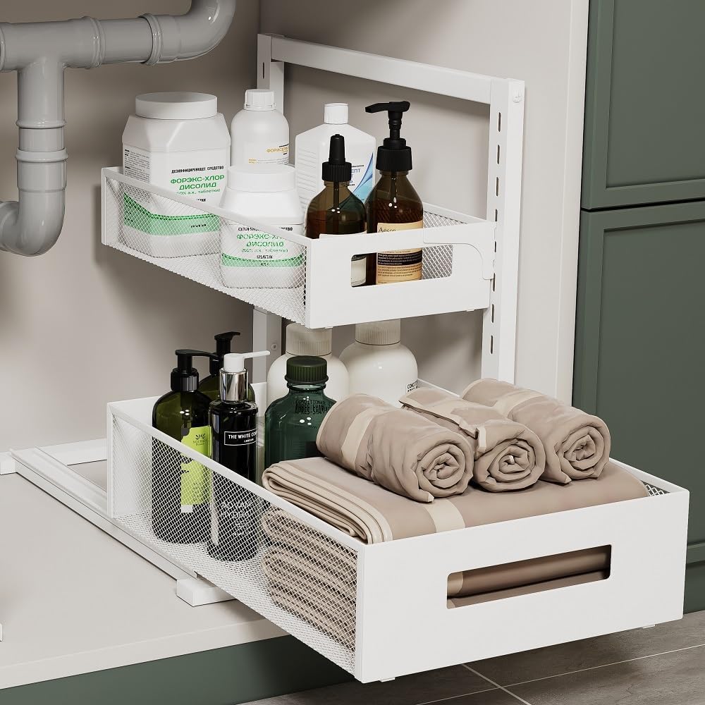 Under Sink Organizer Adjustable Height 2 Tier Bathroom Organizer Pull Out Cabinet Organer kitchen organizers and storage fridge organizers and storage,White,XL-1 Pack
