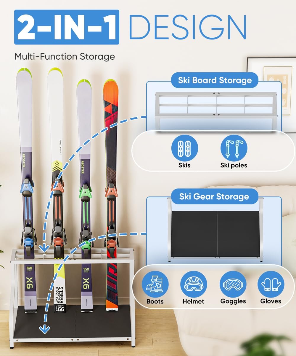 Ski Storage Rack for Garage — Freestanding Ski Holder for 4 Pair Skis, Boot, Helmet, Goggles, Indoor Snowboard Rack Organizer Stand for Home, Shed, Basement, White