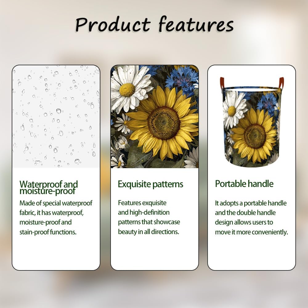 Laundry Baskets 15.7x19.7 Inch Large Vintage Sunflower Daisy Blue Wildflower Design Collapsible Laundry Hamper with Handles Oxford Fabric Clothes Storage Bin Foldable Dirty Clothes for Bedroom