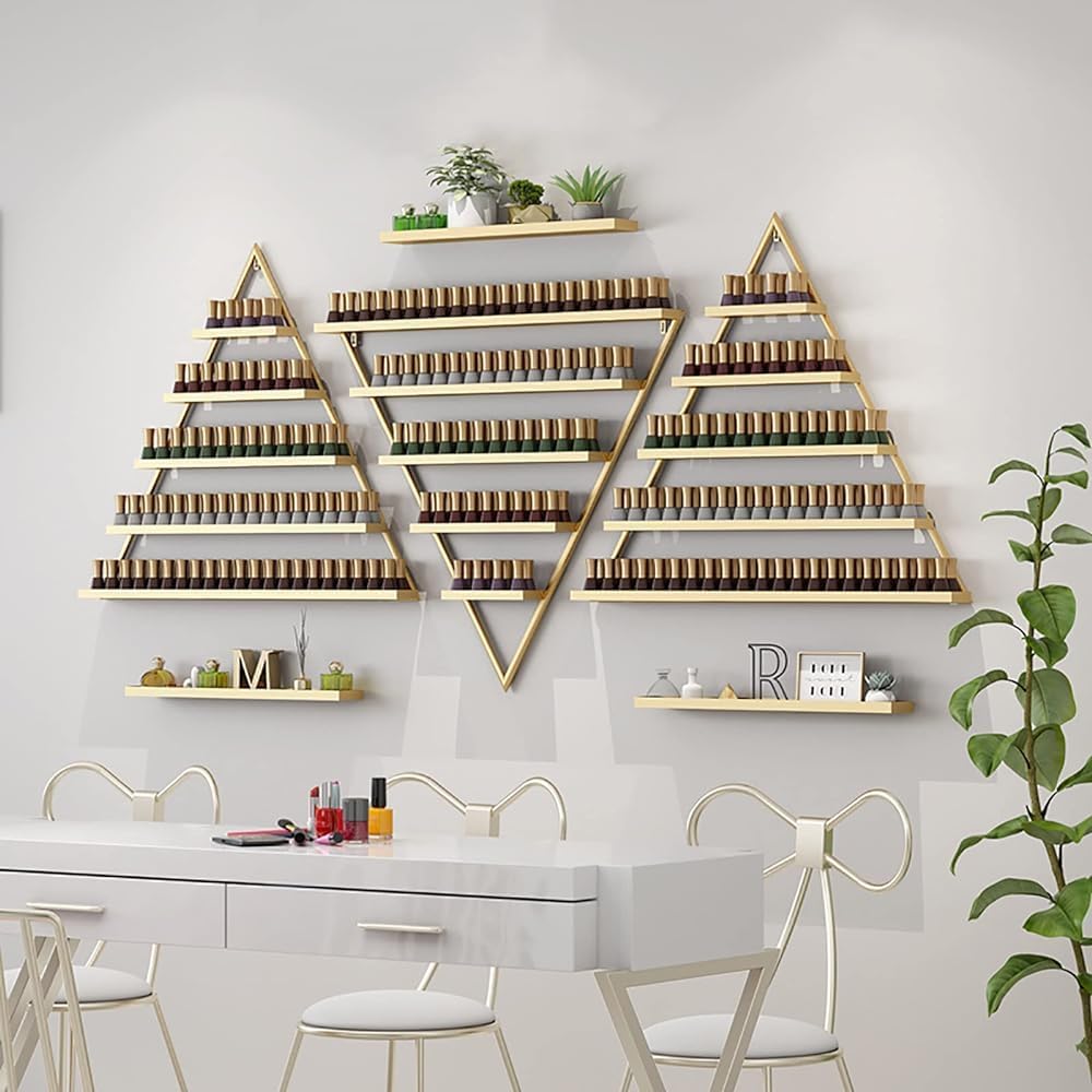 Wall Mounted Shelf Nail Polish Bottle Display Rack, Triangular Essential Oil Perfume Storage Rack, Multifunctional Hanging Salon/Beauty/Nail Shop Organizer Perfume Holder(Size:8,Color:Gold)