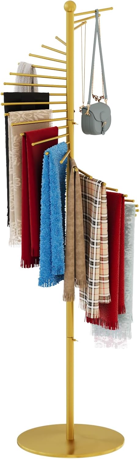 Spiral Scarf Rack, Metal Freestanding Scarf Organizer with 30 Rods, Commercial Hijab Organizer Stand for Home Clothing Store, Space Saving Shelves (Gold)