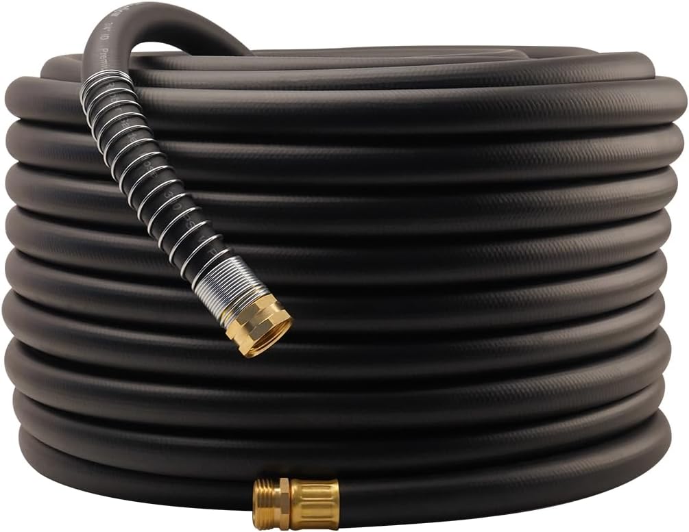 WiseFlow Garden Hose 150FT x 3/4", Heavy Duty Rubber Hose, Water Hose with Five Layered Braiding, Male Female Fittings, 1000PSI Burst, 300PSI Working (Black)