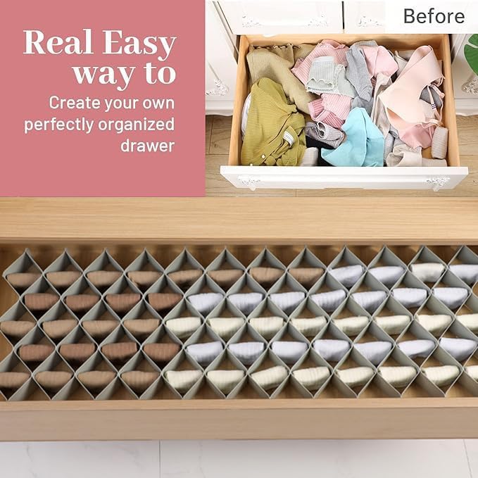 ROUFA Sock Drawer Organizer for Dresser, Honeycomb Underwear Dividers for Women, Panty Separator for Bras, Socks, Belt and Leggings (2 Sets/12pcs,Grey)