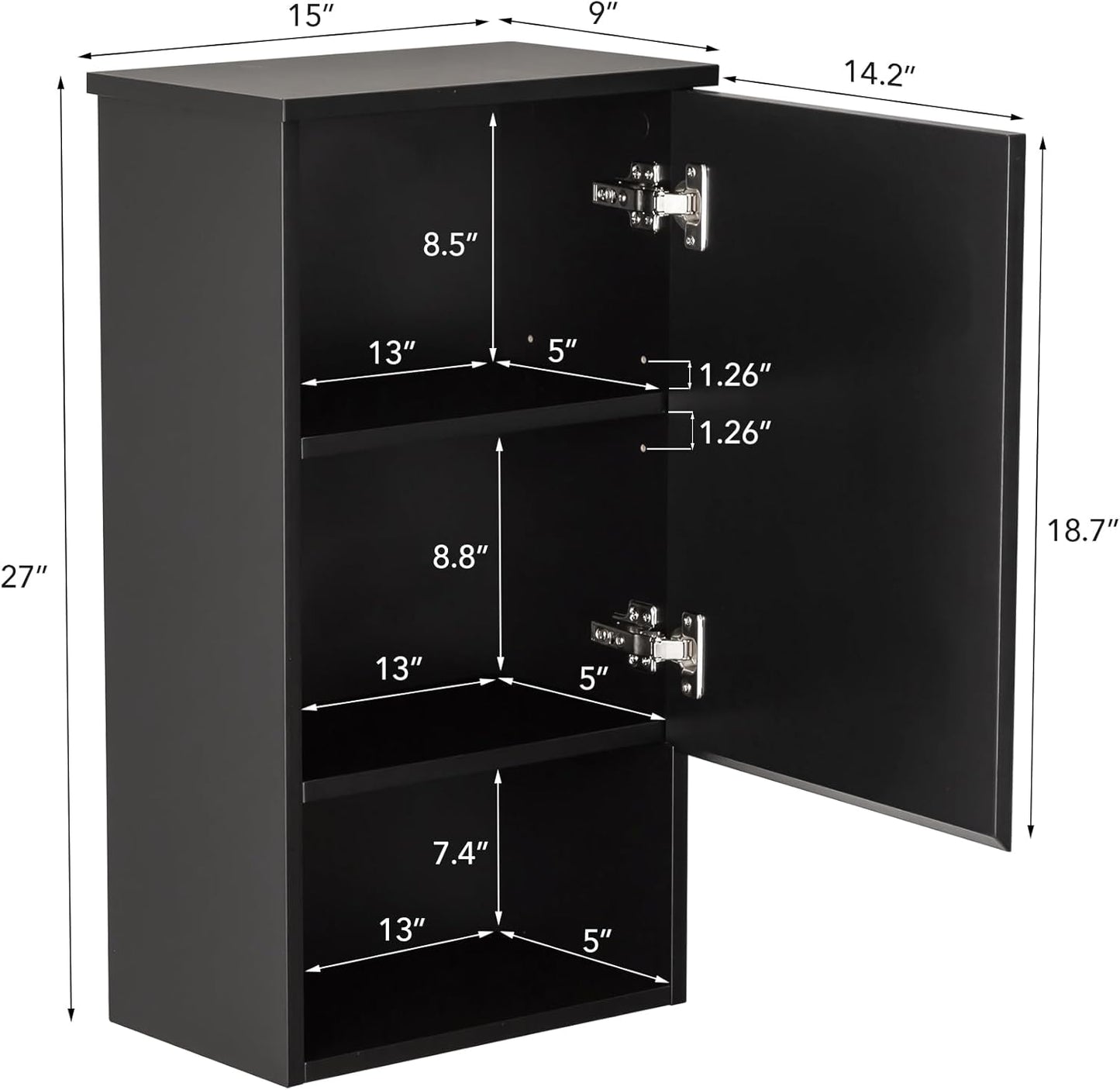 Bathroom Wall Cabinet with Single Door, Soft-Close Hinges, 15x27 inch Wooden Medicine Cabinet for Small Kitchen, Laundry, Entryway, Durable MDF Construction