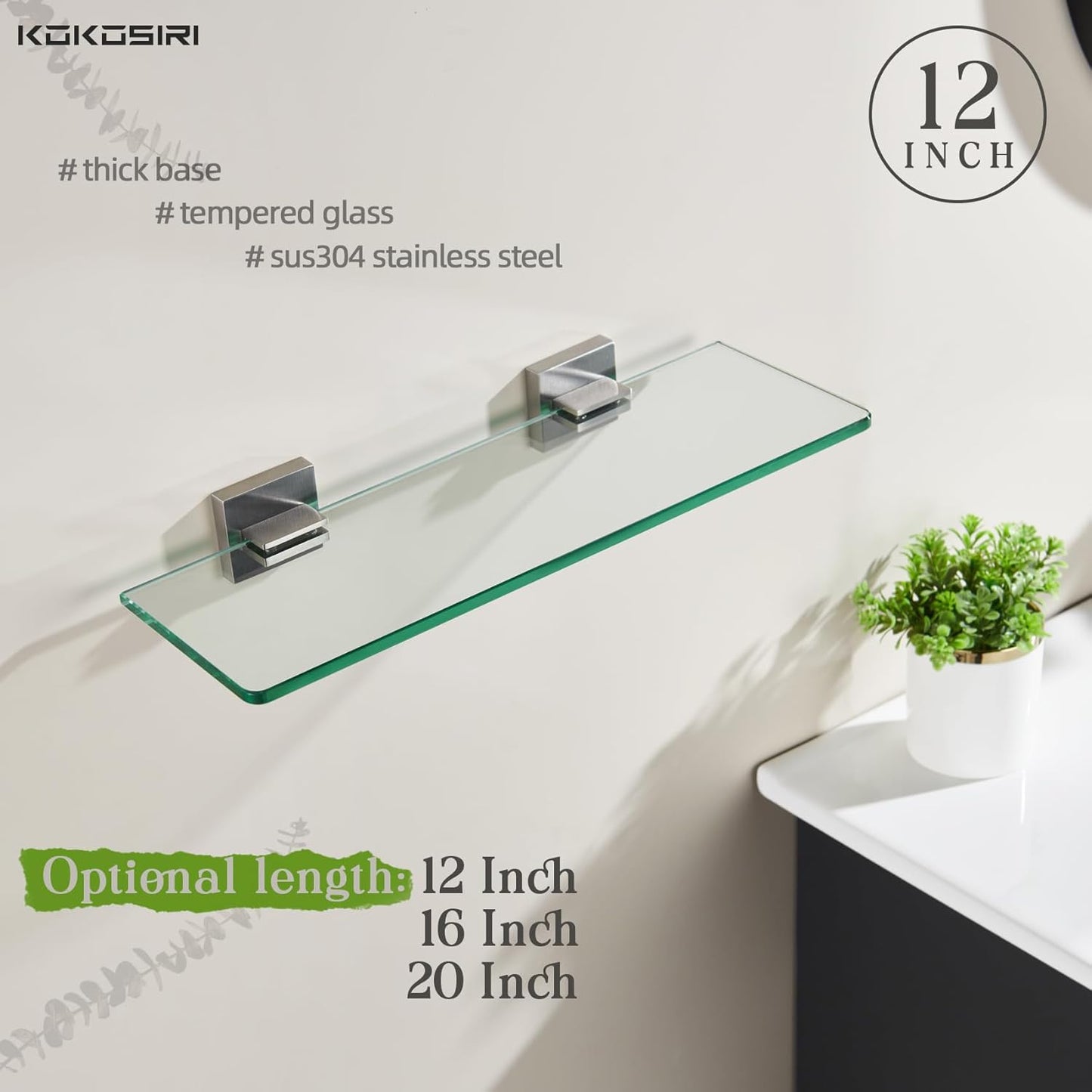 KOKOSIRI Wall Shelves Floating Bathroom Glass Shelf for Kitchen Storage, 12'' x 5.6'' Tempered Glass Wall Mounted Brushed Stainless Steel B1106BR-L12