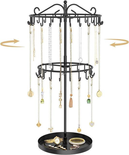 MODOWEY Rotating Necklace Holder Organizer Display Stand with 42 Hooks, 2 Tier Adjustable Metal Necklace Tree Rack with Jewelry Tray for Men Women, Tall Bracelet Storage Hanger for Selling, Black