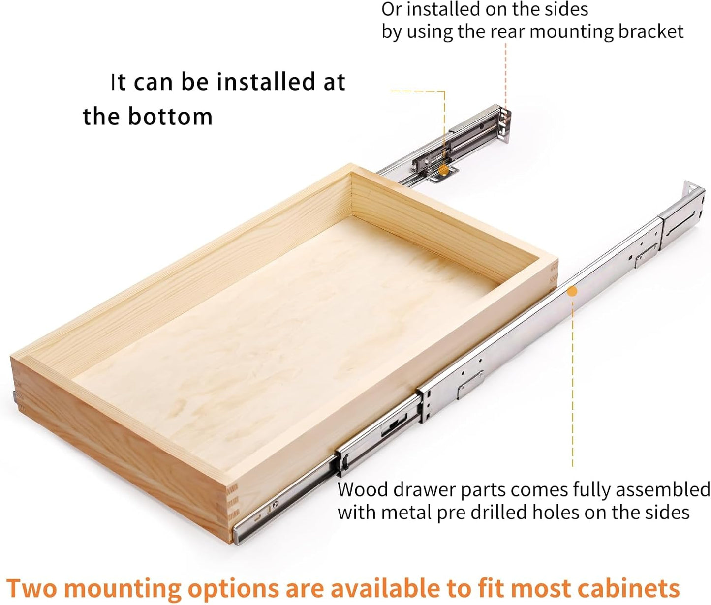 26''W x 21''D x 3''H Pull Out Cabinet Drawer Soft Close Slide Out Wood Organizer for Kitchen, Finished, Bottom and Side Assembly (Wood Drawer Part Width is 25inch)