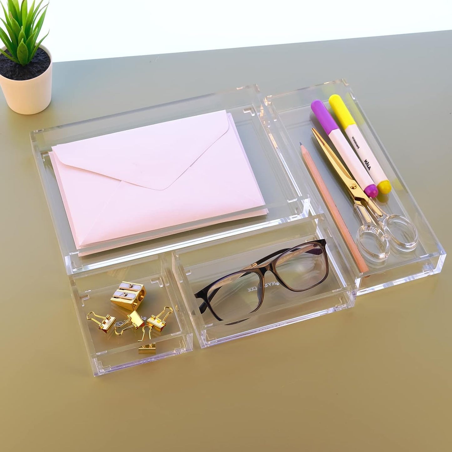 Clear Acrylic Desk Organizer for Office or Home Desk Drawer Dividers, Makeup Vanity Storage Bins, Stackable 4-Pack, Acrylic Accessory and Half Accessory Tray/Small Tray