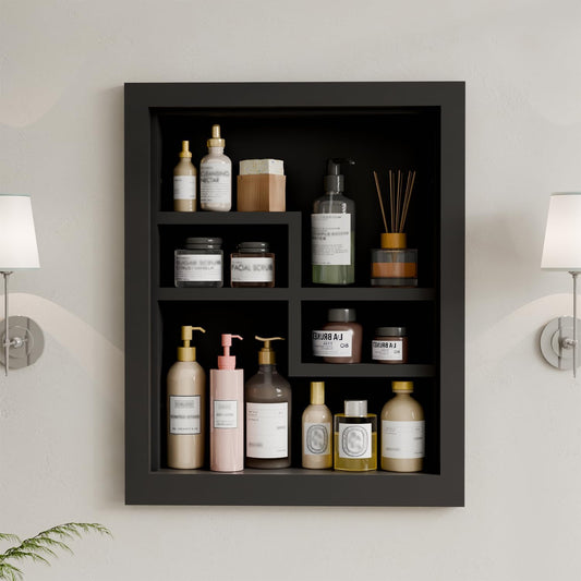 Solid Wood 14 X 18 Recessed Medicine Cabinet,2-Tier, Medicine Cabinet Organizer,Wall Niche, Bathroom Wall Cabinet, Recessed Bathroom Cabinet, Bathroom Cabinet with Storage Black