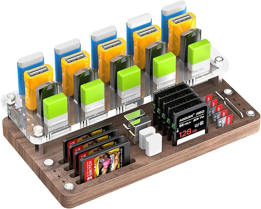 Wooden Memory Card Case for TF, SD, Micro SD Cards and USB Drives - Desk Holder and Carrying Case - AJSNH03MY