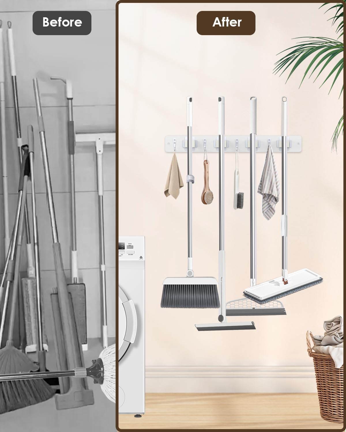 AceMining Broom Holder Wall Mounted, White 4 Holders and 4 Hooks Mop Holder, Wooden Mop and Broom Holder with Anti slip rubber, Natural pine wood Brush Holder, Mop Wall Holde with Nail installation
