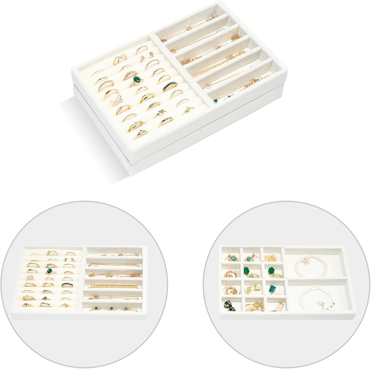 ProCase Stackable Jewelry Organizer Trays for Drawers, Jewelry Drawer Inserts Container Display Case Storage for Earring Necklace Rings Bracelet with Removable Dividers -Warmwhite, 2 Layers