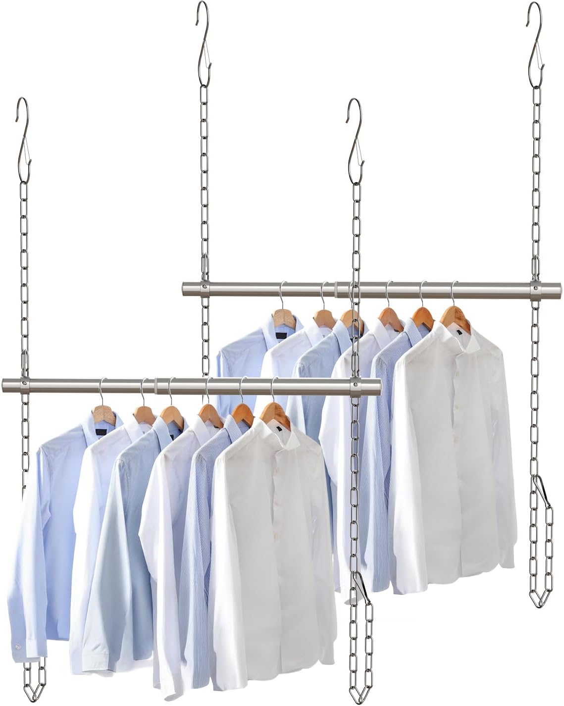 Hanging Closet Rod, Adjustable Width and Height Closet Rods Extender, 17-28inch Heavy-Duty Stainless Steel Bar, Space-Saving Closet Rod Hanging Clothes, 2Pack(Silver)