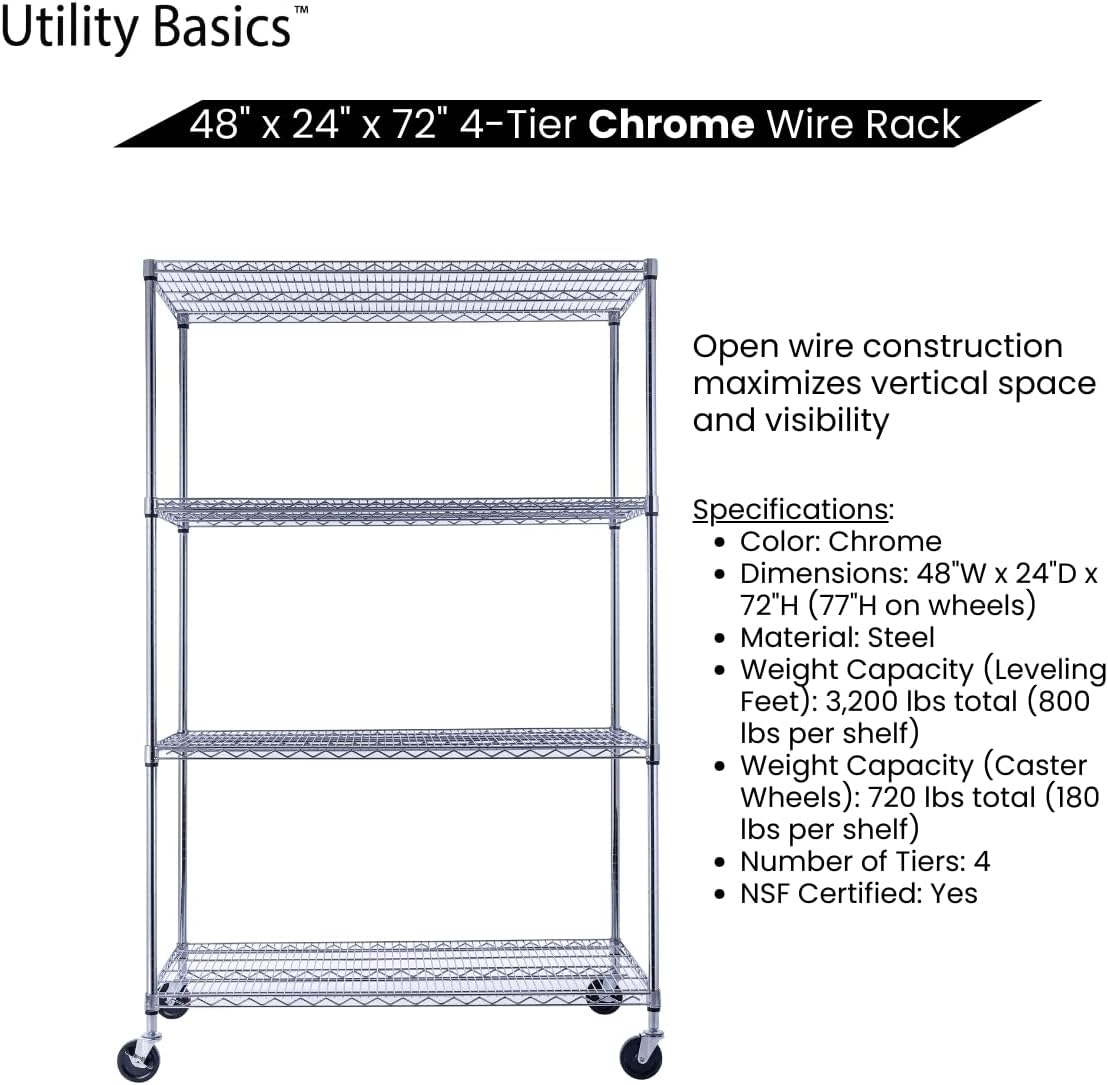 NSF Commercial 4-Tier Wire Shelving with Wheels, 48"x24"x72" Heavy Duty Metal Shelves 3200 lbs Max Capacity, Chrome Storage Rack for Garage Kitchen Pantry Warehouse