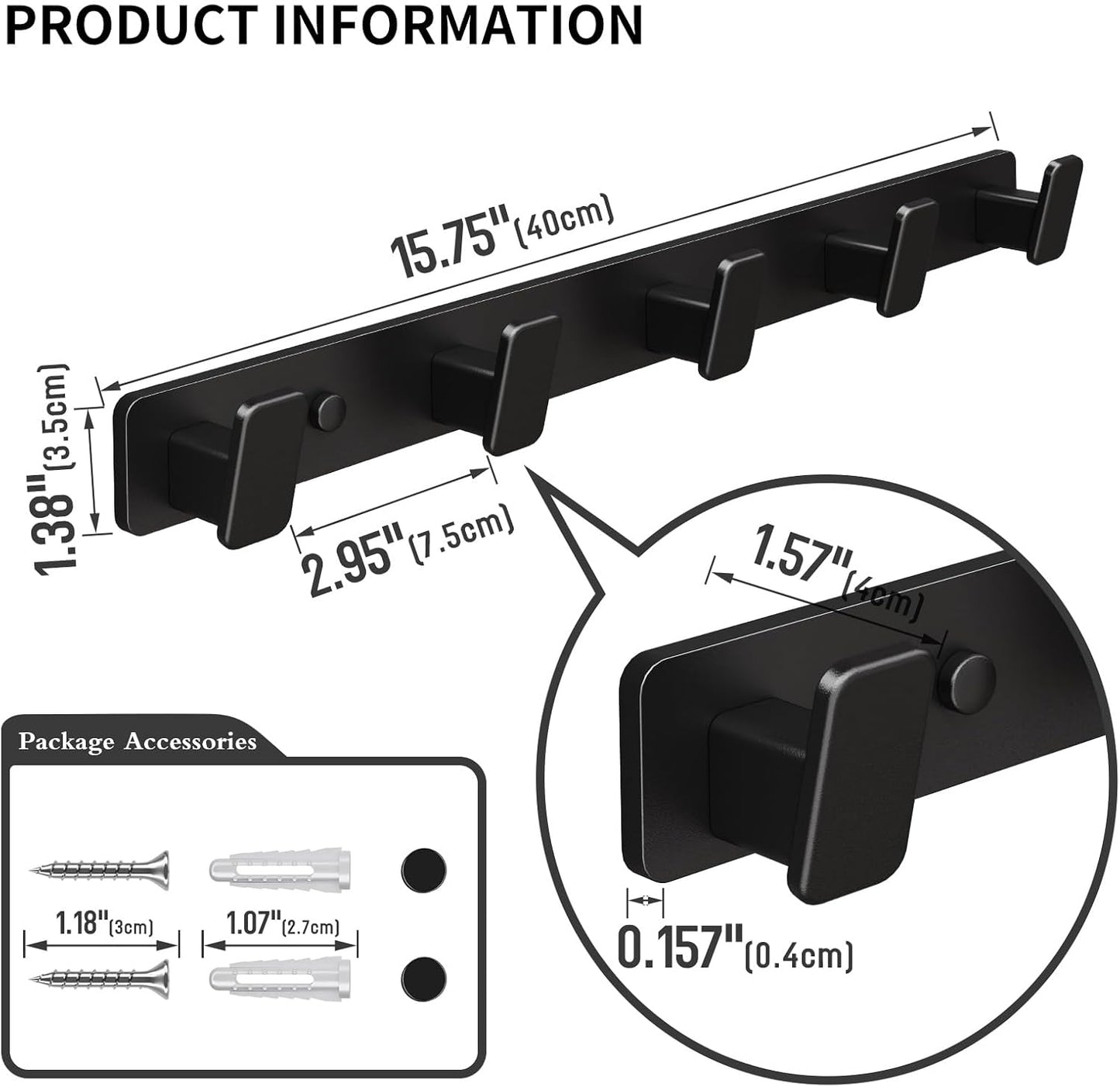 Black Coat Rack Wall Hooks for Hanging Heavy Duty Door Hooks with 5 Hooks Key Holder for Wall Hat Rack for Entrance Coat Hook