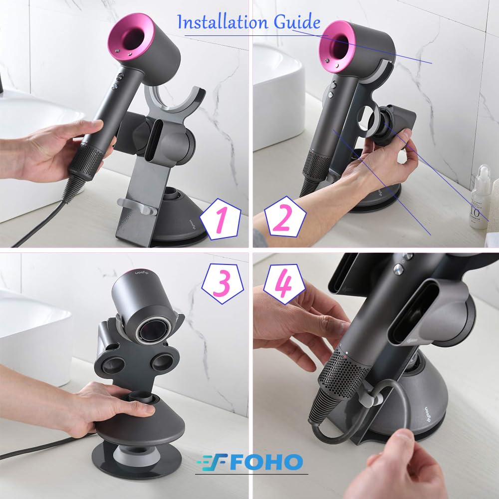Foho Hair Dryer Holder for Dyson Supersonic, Magnetic Stand with Power Plug Cable Organizer, Bathroom Organizer Supersonic Dryer, Diffuser and Nozzles