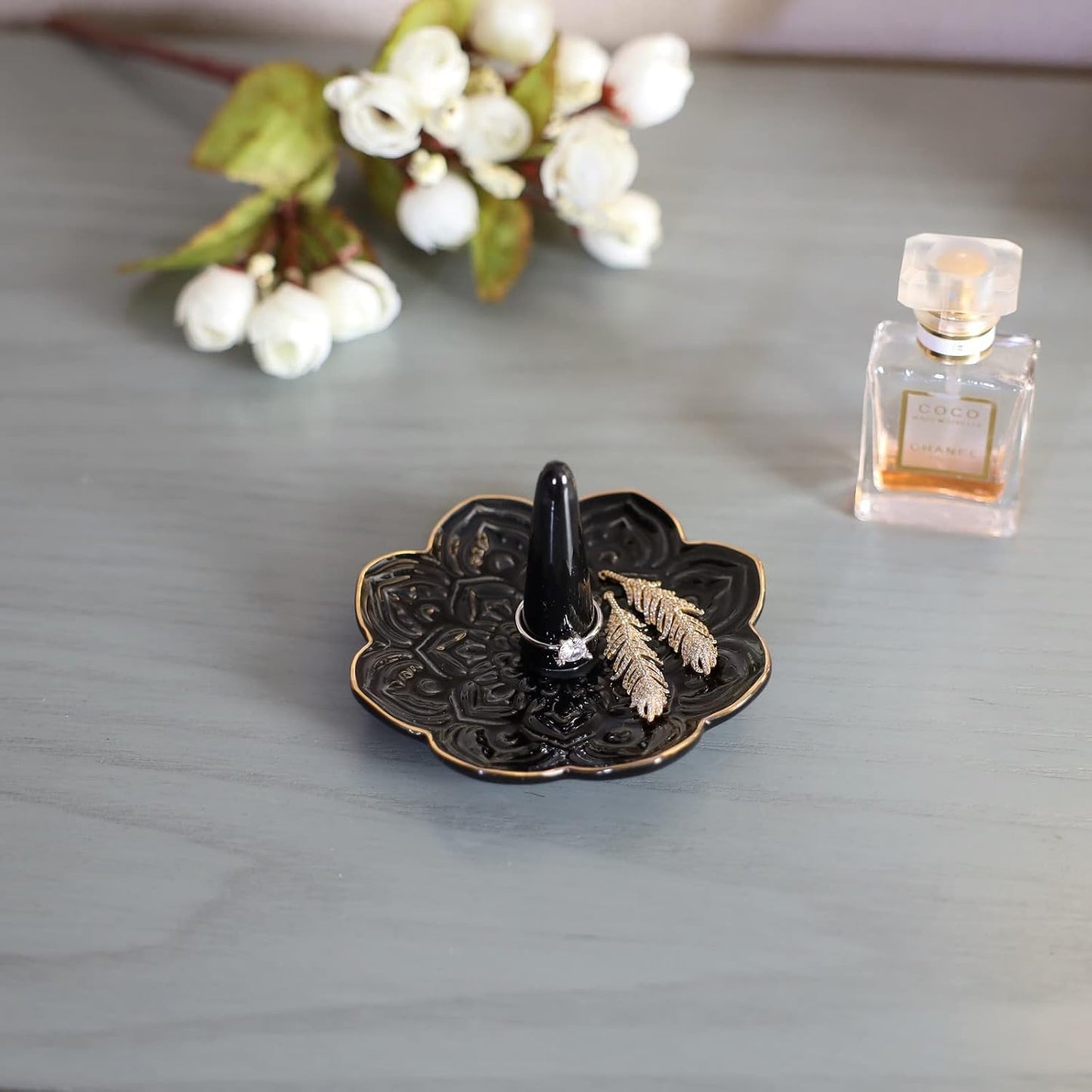 Ceramic Black Mandala Jewelry Holder Decorative Ring Holder/Trinket Tray Birthday Valentine Engagement Wedding Gifts for Women Her