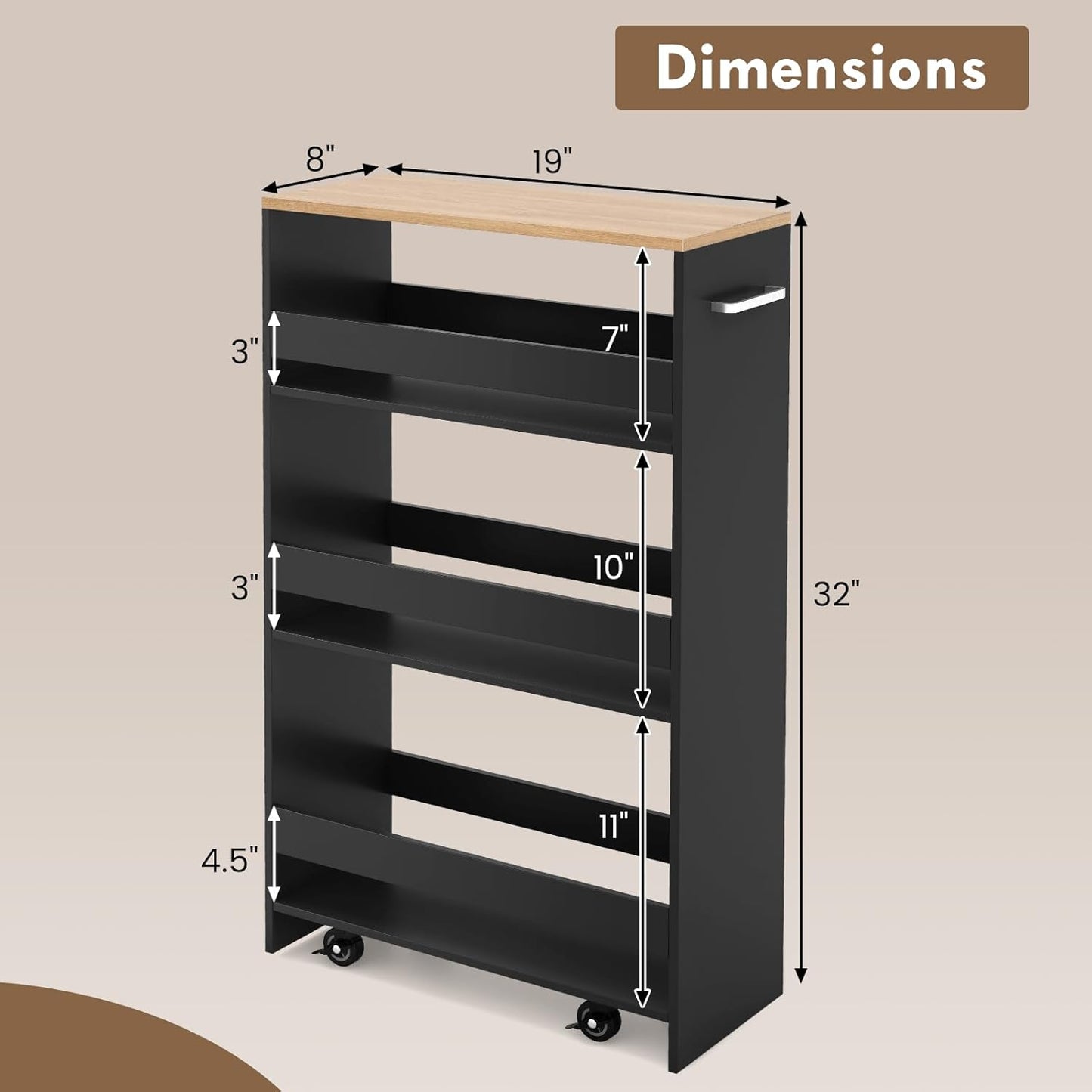 LOKO 4-Tier Rolling Storage Cart, 8 Inches Slim Kitchen Cart on Wheels with Open Shelves & Handle, Laundry Room Cart Between Washer and Dryer, for Bathroom Next to Fridge (Black & Natural)