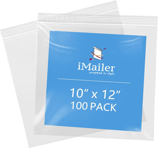iMailer- 10" x 12" 100 Pack- 2 Mil Resealable Zip Bags- Clear Plastic Bags with Zip Top Lock for Storage, Organizing, Crafts, Travel