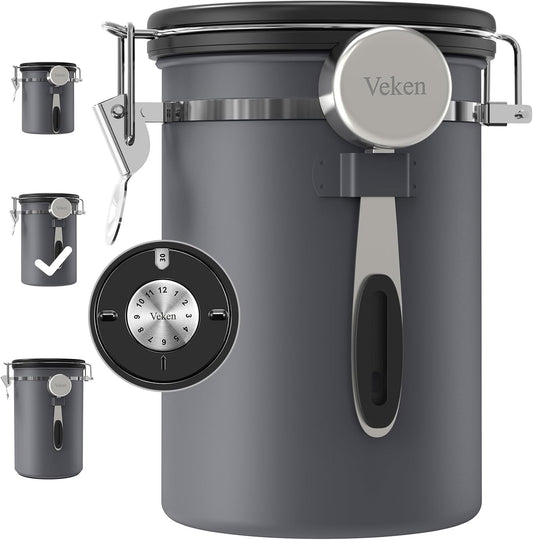 Veken Coffee Canister, Airtight Stainless Steel Kitchen Food Storage Container with Date Tracker and Scoop for Grounds Coffee, Beans, Tea, Flour, Cereal, Sugar, 22OZ, Gray