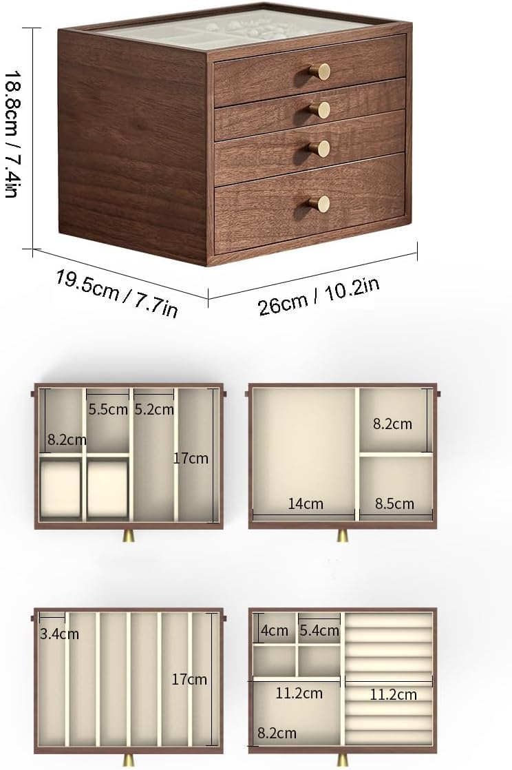 CHOSIN Black Walnut Jewelry Box for Women, 4-Layer Wooden Organizer with Glass Lid, for Watches, Necklaces, Rings & Earrings Storage Christmas Gifts