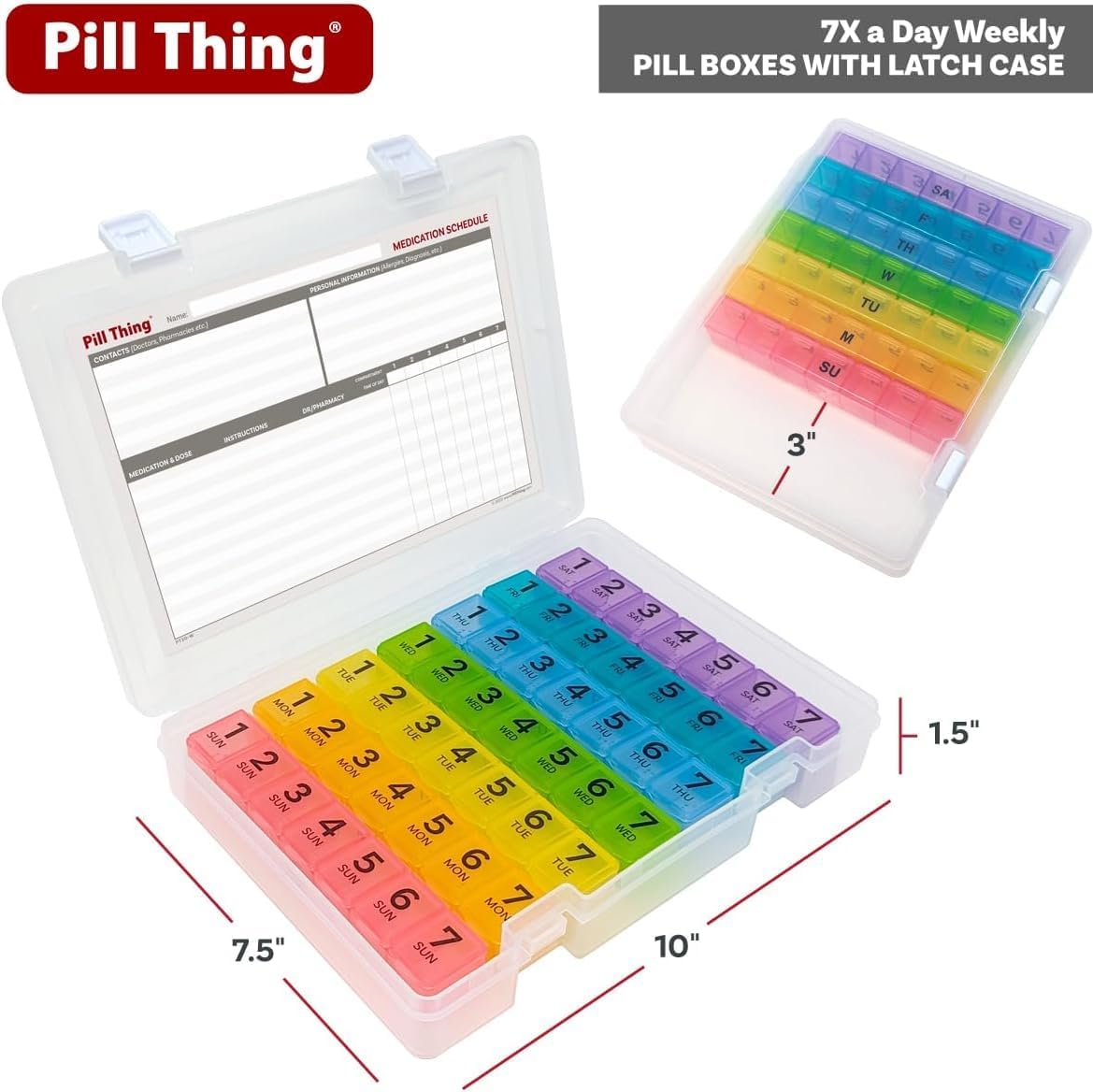 7 Times a Day Weekly Pill Box Organizer Case, Secure 7X Pillbox with Medication Schedule (7 Time-a-Day 2 Pack)