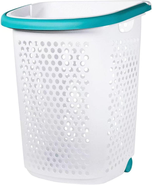 Heavy-Duty Plastic Wheeled Rolling Laundry Basket with Pop-Up Wide Handle, Ventilated Design, Easy to Clean, Spacious 70.52 Liters (2 Bushel), Large Capacity for Families, Dormitories, Laundry Rooms