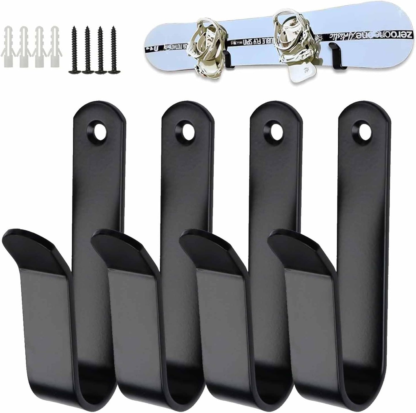 Snowboard Wall Mount & Skateboard Display Rack - Horizontal Hanger Clips for Snowboards, Longboards, Skateboards - Space Saving Storage Solution for Garage, Bedroom, Living Room (Black, 4 PCS)