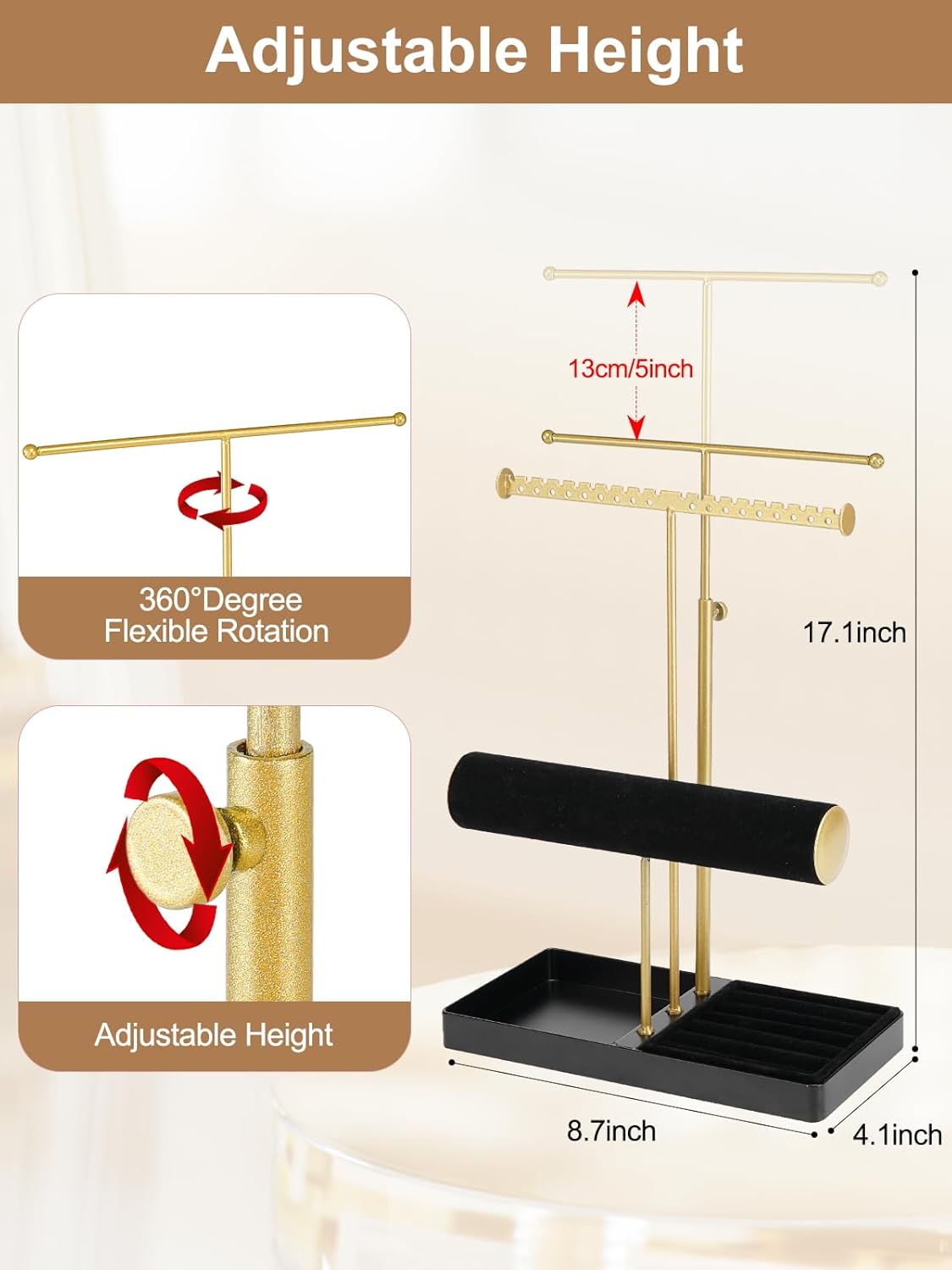 Cirhy Jewelry Organizer Stand, 3 Tier Necklace Holder for Women, Adjustable Jewelry Tree with Velvet Bracelet & Ring Tray, Elegant Jewelry Display for Necklaces, Bracelets, and Earrings（Black）