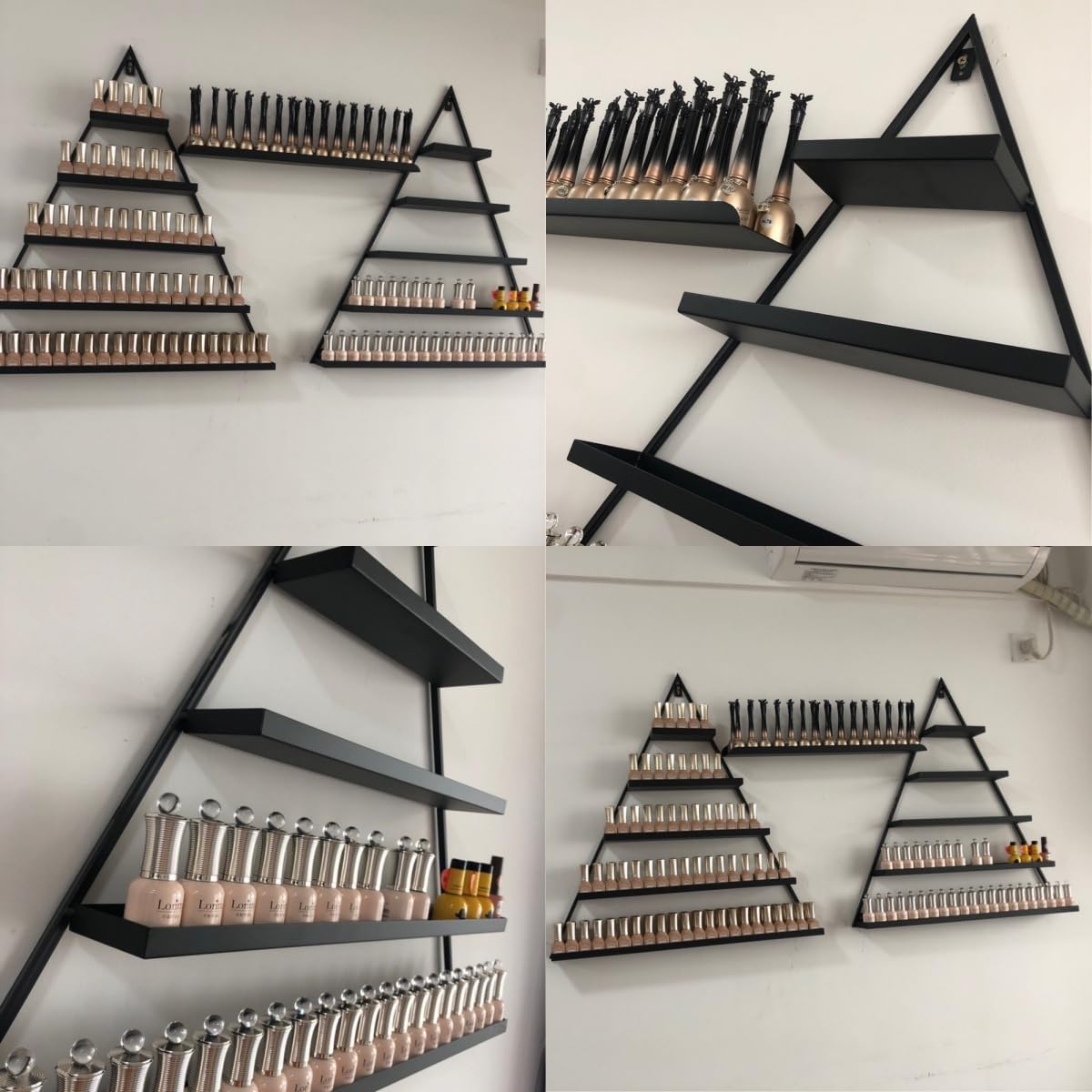 Elegant Gold Wall Mounted Nail Polish Rack - Set of 6 Triangular Cosmetic Display Shelves for Essential Oil Bottles, Organize Your Lipsticks and Perfumes in Style at Home or Salon (Black)