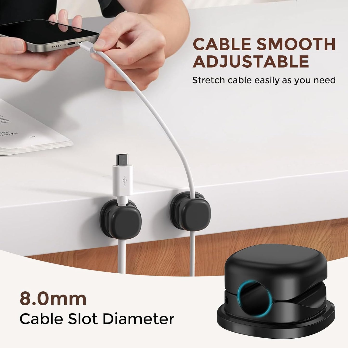 AhaStyle Spring Cable Organizer [1s Lock] 6 Pack Cord Cable Holders Clips Strong Adhesive Cable Cord Keeper [Smooth Adjustable] Hide Wire Cord Organizer for Nightstand Kitchen Car Office (Black)