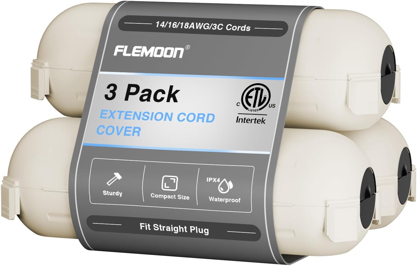 Flemoon [3 Pack] Outdoor Extension Cord Safety Cover with Waterproof Seal, Weatherproof Electrical Connection Box for Outdoor Outlet, Plug, Socket, Halloween, Christmas Holiday Decoration Light, White