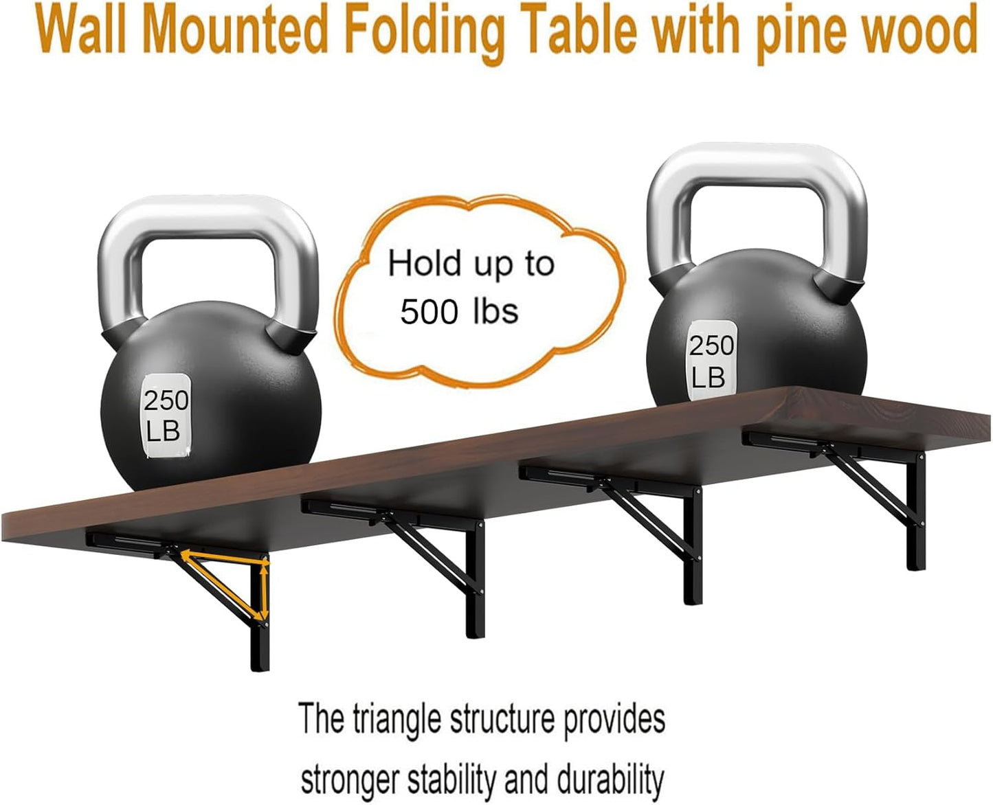 IAE Wall Mounted Folding Table with Pine Wood,72" x 16" Floating Wall Desk,Laundry Folding Table with Shelf Brackets,Fold Down Desk Shelf,Folding Workbench for Home,Dining,Laundry Room,Kitchen,Brown