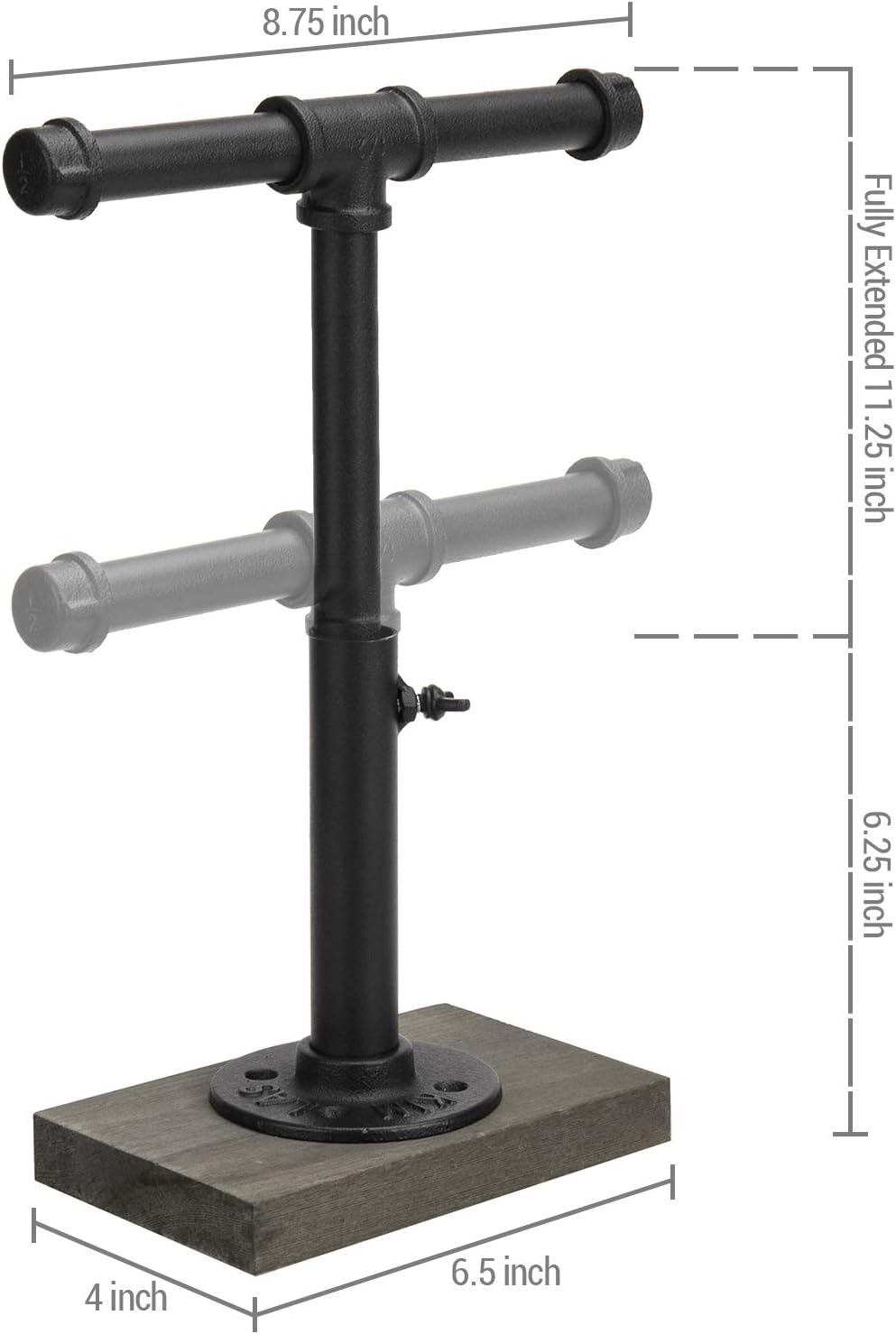 MyGift Adjustable Height Industrial Pipe Organizer Stand - Rustic T-Bar for Jewelry, Headphones, Medals, Kitchen Utensils & Display, Gray Wood Base (Black/Gray, Country Style)