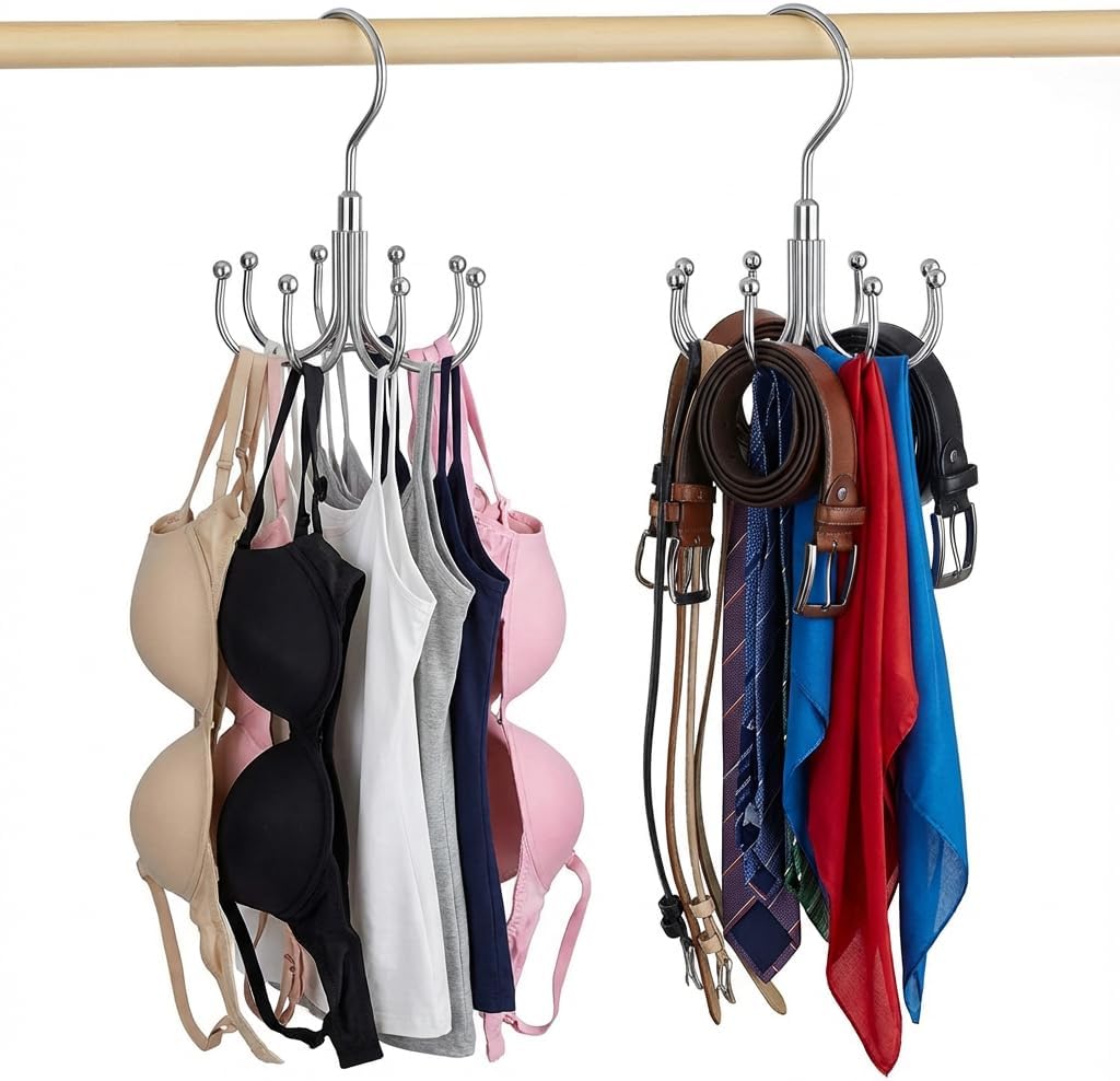Rotatable Belt Hanger & Bra Organizer for Closet, 2 Pack Space Saving Multi-Purpose Hanging Holder for Tank Tops, Ties, Scarves, Max 48 Storage Capacity Metal Closet Organizers, Silver