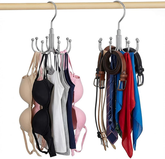 Rotatable Belt Hanger & Bra Organizer for Closet, 2 Pack Space Saving Multi-Purpose Hanging Holder for Tank Tops, Ties, Scarves, Max 48 Storage Capacity Metal Closet Organizers, Silver