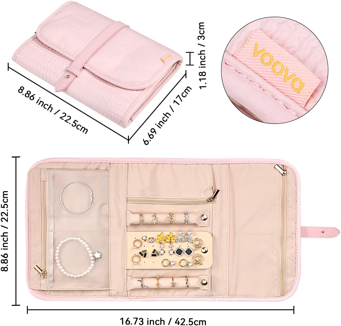 Voova Travel Jewelry Holder Organizer Case, Large Jewelry Storage Bag for Women Girls, Foldable Traveling Jewellery Pouch Roll for Necklaces Rings Earrings Bracelets, Light Pink