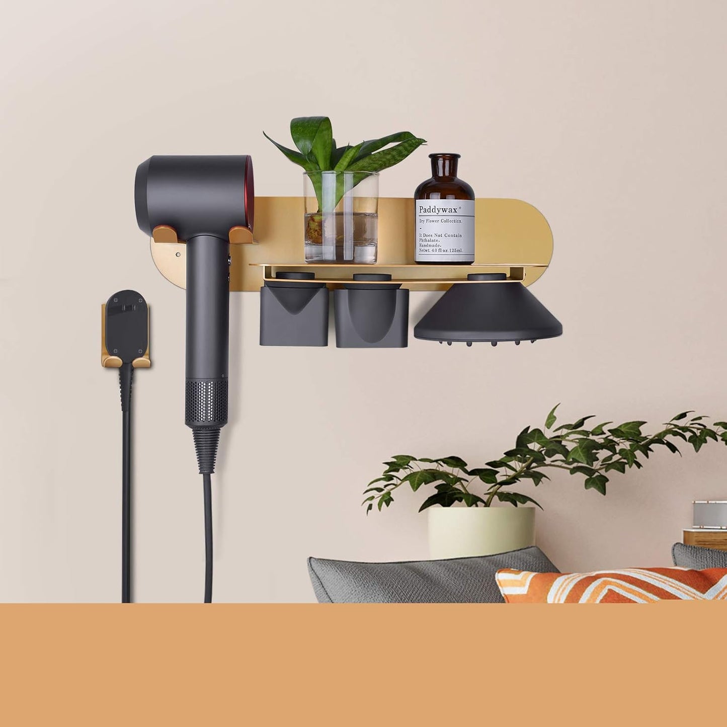 FLE Hair Dryer Holder Wall Mounted with Shelf - Hair Dryer Holder Rack Organizer Compatible for Dyson Supersonic Hair Dryer,Gold