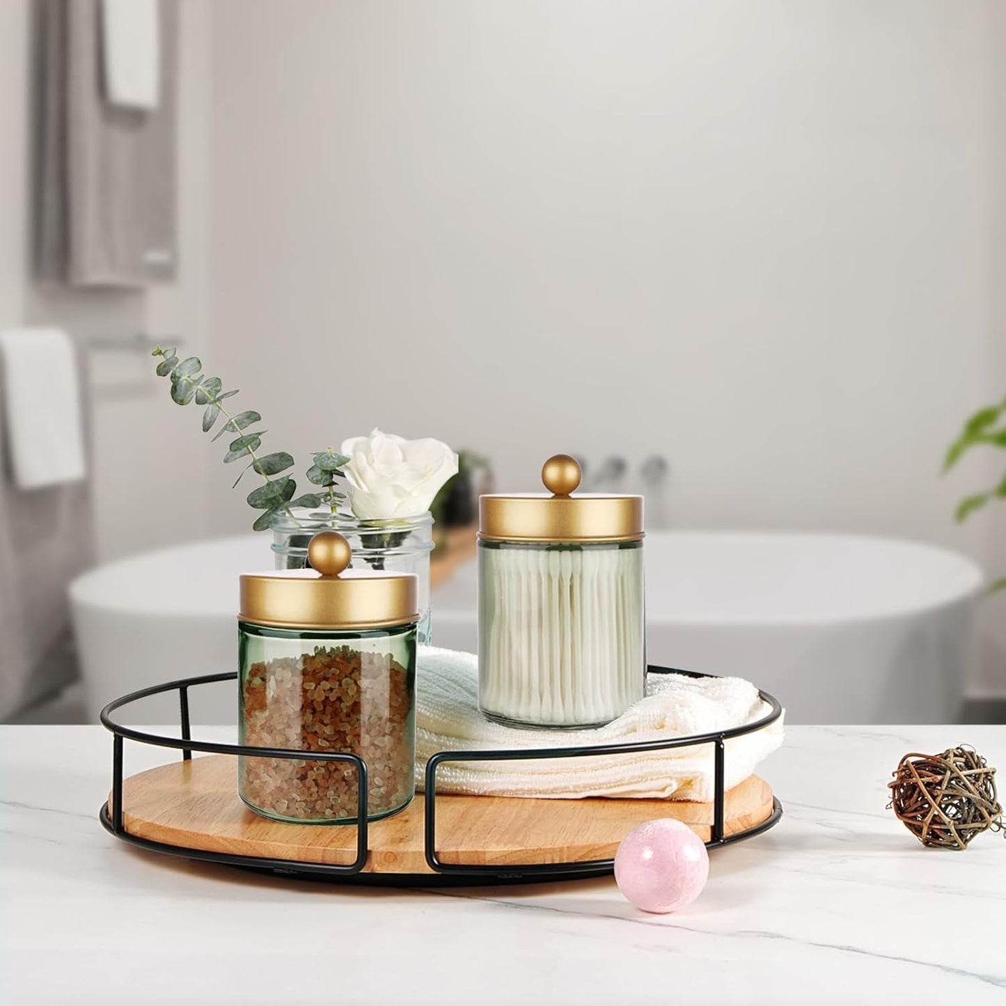 Amolliar Sage Green Qtip Holder, Glass Apothecary Jar Metal Lid & Stickers, Bathroom Qtip Holder Storage Canister, Farmhouse Decor for Cotton Balls, Swabs, Round Pads, Bath Salt, Floss, Gold 2 Pack
