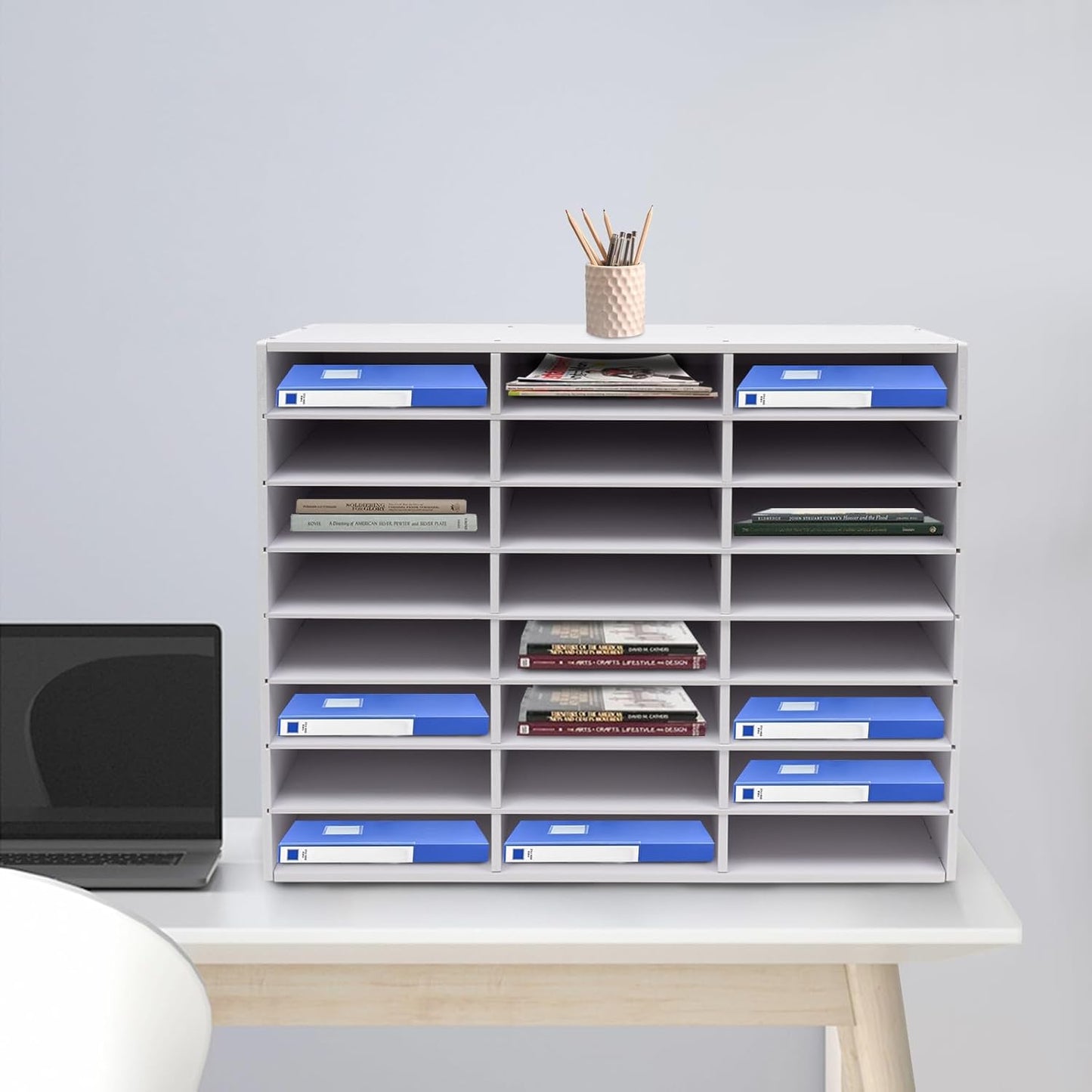 24 Compartments Literature Organizer, Desktop File Sorter Mail Center Paper Storage Cabinet Classroom Mailbox for Files Documents Papers Magazines (White 24Slots)
