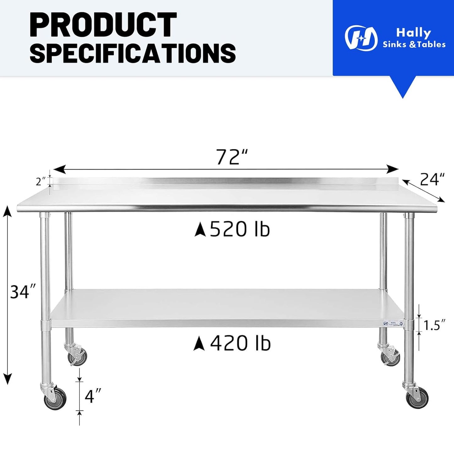 Stainless Steel Table for Prep & Work 24 x 72 Inches with Caster Wheels, NSF Commercial Heavy Duty Table with Undershelf and Backsplash for Restaurant, Home and Hotel