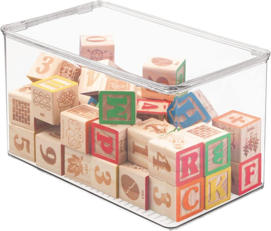 mDesign Plastic Stackable Toy Storage Bin Container Box, Hinge Lid for Organizing Living Room, Play Room, Bedroom, Nursery, Hold Blocks, Puzzles, Books, Lumiere Collection, Clear