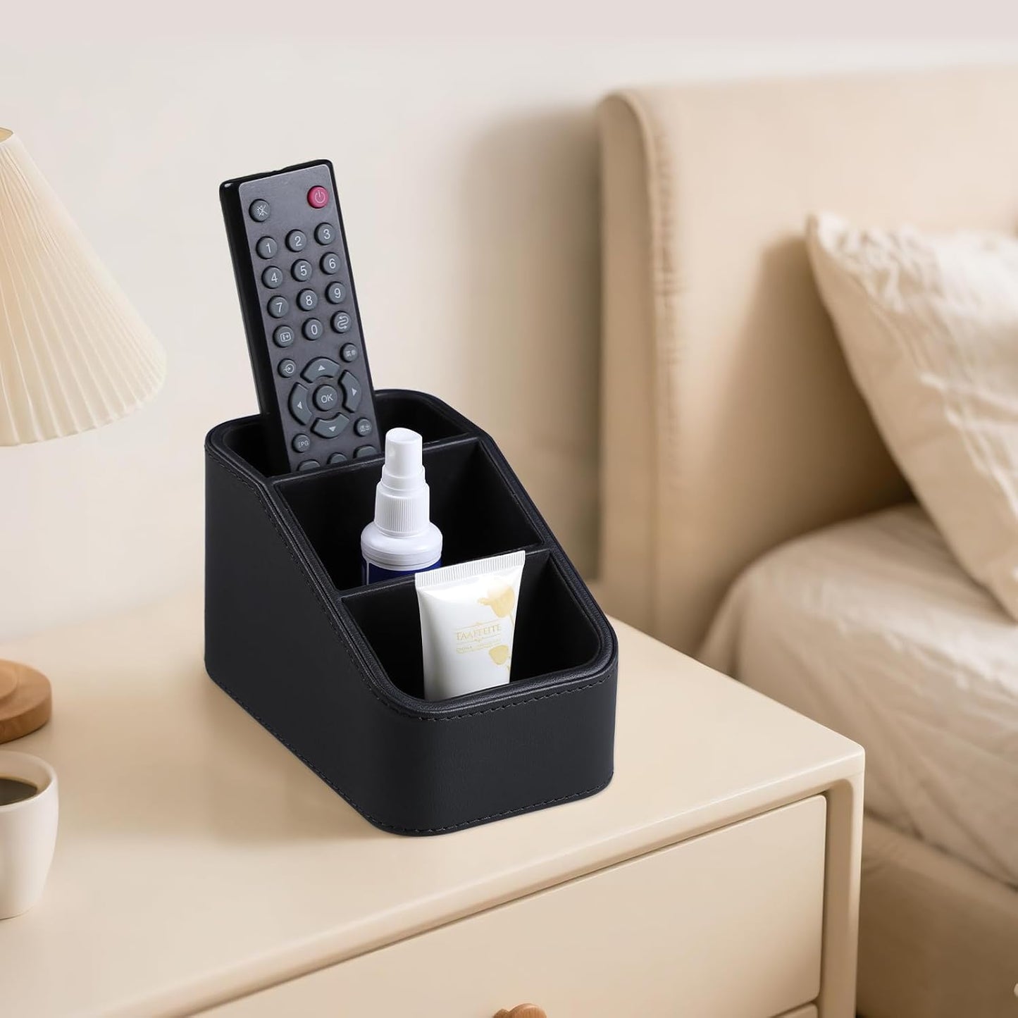 PU Leather Remote Control Holder, Small Desk Organizer Office Supply Bedside Caddy for Nightstand End Table Couch, Pen Remote Organizer with 3 Compartments (Black)