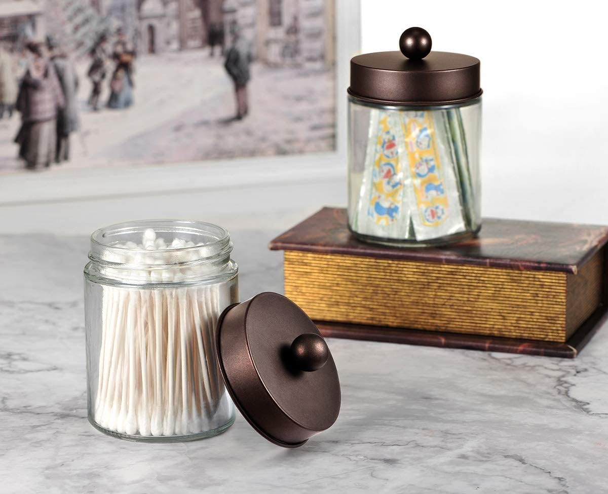 Amolliar Apothecary Jars Bathroom Storage Organizer - Cute Qtip Dispenser Holder Vanity Canister Jar Glass with Lid for Cotton Swabs,Rounds,Bath Salts,Makeup Sponges,Hair Accessories/Bronze (2 Pack)