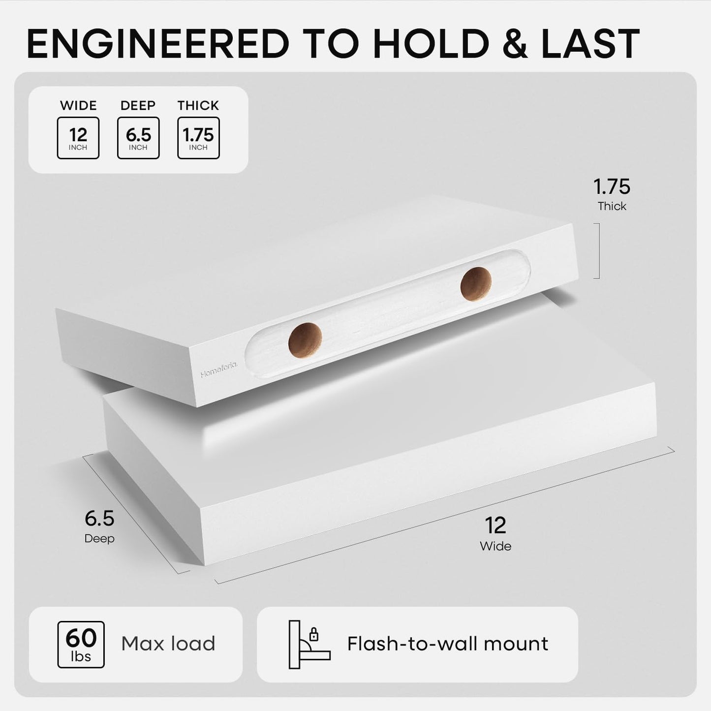 Homeforia White Floating Shelf 12 inch, High End Solid Real Wood Small 12inch Floating Shelves for Wall Mounted, White Wooden 12 in Floating Shelves, Heavy Duty Bracket, 12 X 6.5 X 1.75 inch, Set of 4